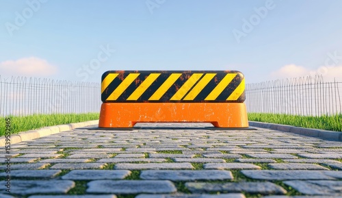 Rusty orange barricade blocks paved road