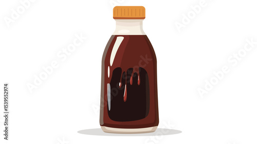 A close-up studio shot of a clear plastic bottle with an orange cap containing a dark brown liquid. The bottle is slightly tapered, and a noticeable dark brown stain or spill is visible on the