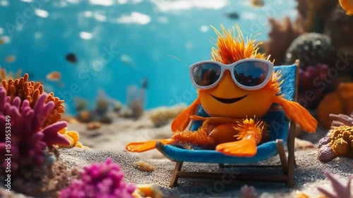Animated Fish Character Relaxing on Beach Chair Underwater Video