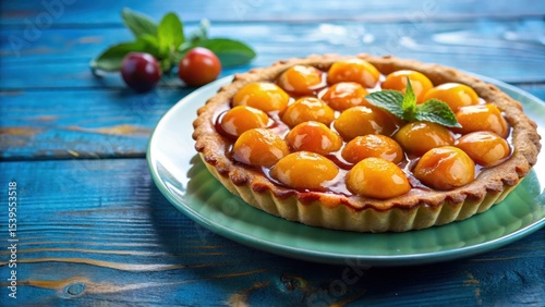 Closeup of a Mirabelle plum tart dessert on blue plate