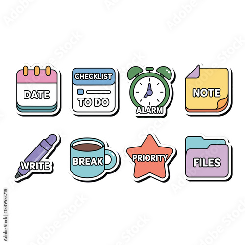 Colorful planning icons for organizing tasks isolated on white background