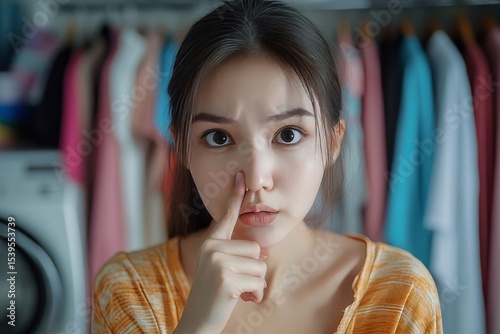 Smelly clothes laundry, housewife woman having bad smelling clothes on the hand holding breath nose with finger, sniff smelly dirty stinky musty and look disgusting., Generative AI