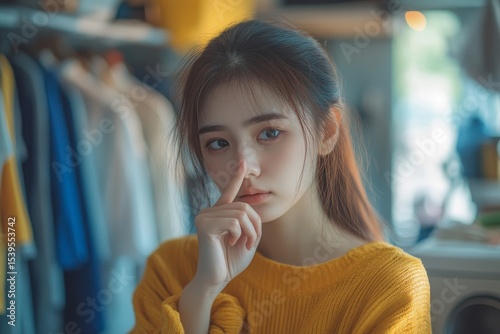 Smelly clothes laundry, housewife woman having bad smelling clothes on the hand holding breath nose with finger, sniff smelly dirty stinky musty and look disgusting., Generative AI