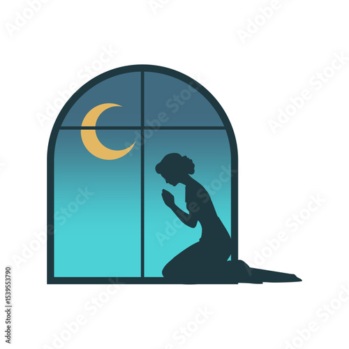 Peaceful woman silhouette praying against window. Believer with prayer hands show faith and religion. Superstition and high power. Religious art. Minimalist design