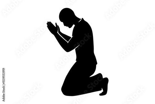Praying Man Silhouette Kneeling in Prayer, Black and White Vector Illustration