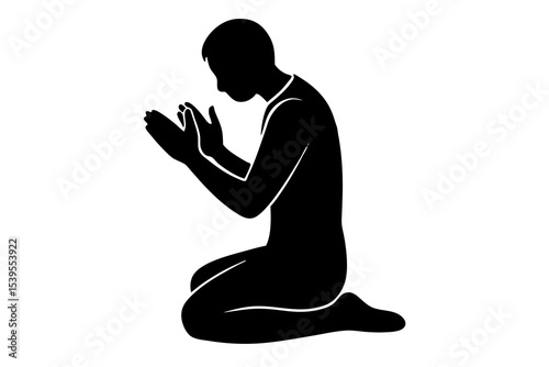 Kneeling Man Silhouette Praying, Black and White Icon