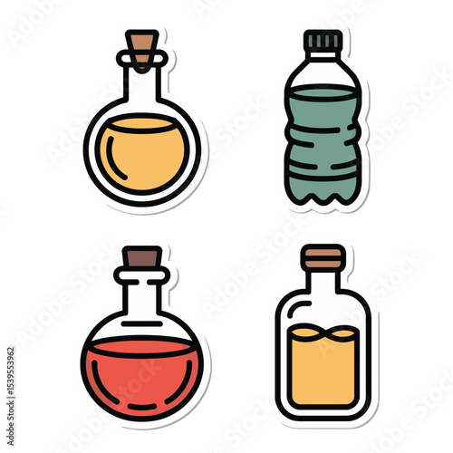 Four bottles with different liquids isolated on white background