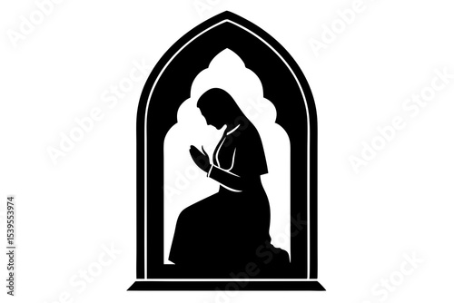 Praying Woman in Gothic Arch Silhouette, Religious Art