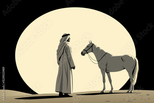 Arabian Man and White Horse Under Moonlit Desert Sky