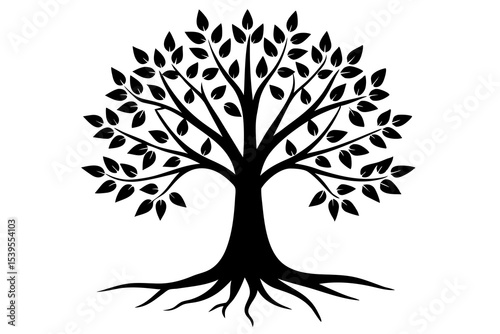 Black Silhouette Tree with Roots and Leaves Illustration