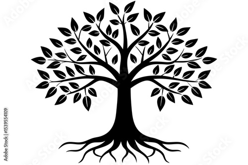 Black Tree Silhouette with Roots and Leaves Illustration
