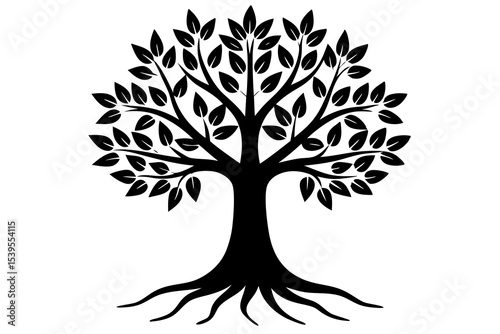 Black Silhouette Tree with Roots and Leaves Illustration