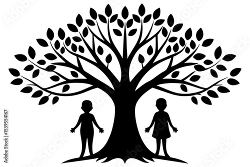 Black Silhouette Tree Children Family Nature Illustration