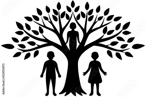 Family Tree Silhouette Parents and Children, Black and White Illustration