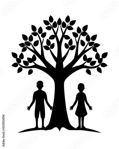 Black Silhouette of Children by Tree, Family Concept