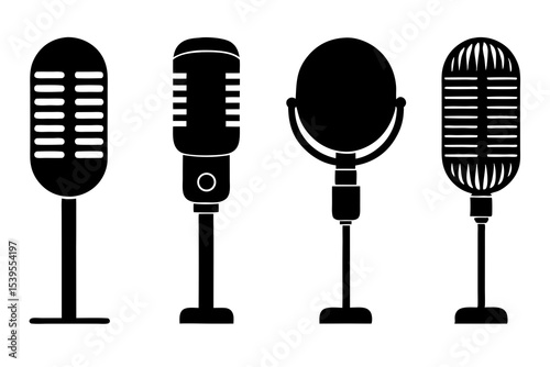 Four Retro Microphone Icons, Black Silhouettes, Vintage Style