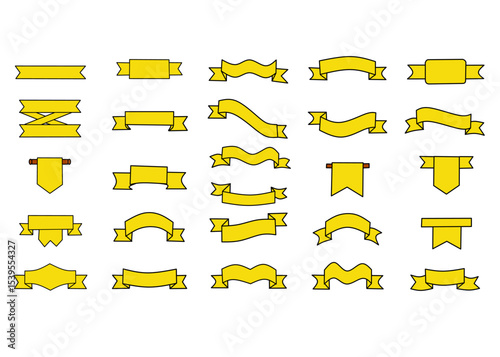 Set of yellow ribbon banners in various styles, big decorative ribbons ideal for promotions or events, icon set