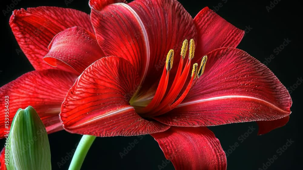 A striking close-up of a vivid red amaryllis in full bloom, captured beautifully.