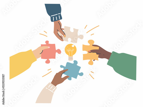 Collaboration in problem solving through puzzle pieces. Vector illustration