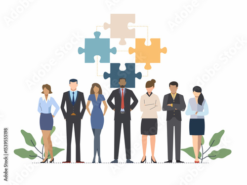 Team collaboration concept with diverse professionals and puzzle pieces. Vector illustration