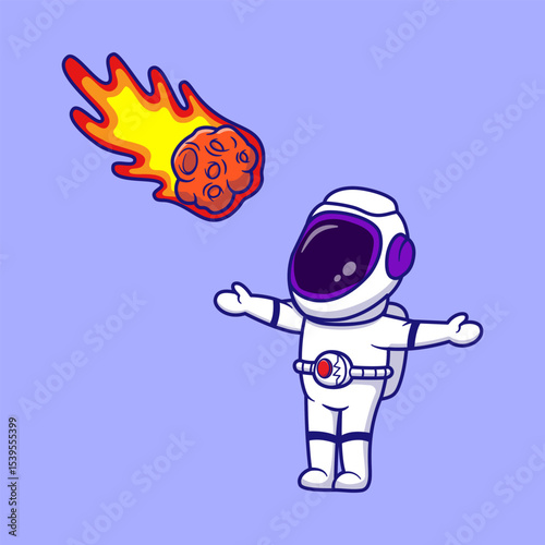 A cute cartoon-style astronaut floating in outer space with arms wide open, facing a bright flaming meteor or fireball falling from the sky. Colorful vector illustration with sci-fi and cosmic element