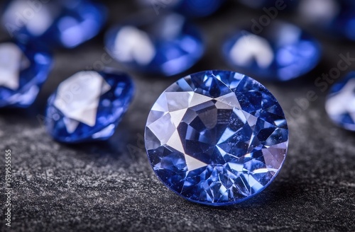 Close-up of round, faceted sapphires on dark stone