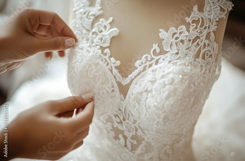 Woman adjusting wedding dress lace