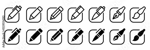 Pen and pencil line icon set. Marker and crayon drawing symbol. Sketching tools vector illustration isolated. Drawing pen, edit, notepad, writing ink mark icons. Writing pencil icons.