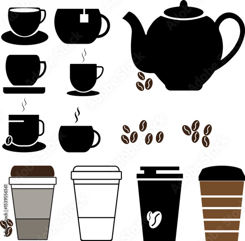 set of coffee cups , teapots and mugs vector silhouette 