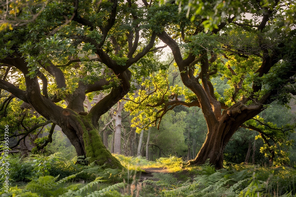 Fototapeta premium Ancient oak trees in a sunlit forest path