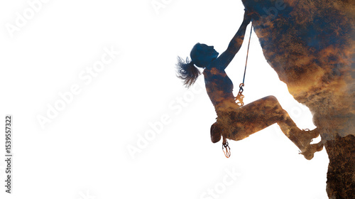 Adventurous rock climber scaling a cliff against a stunning sunset background showcasing determination and thrill