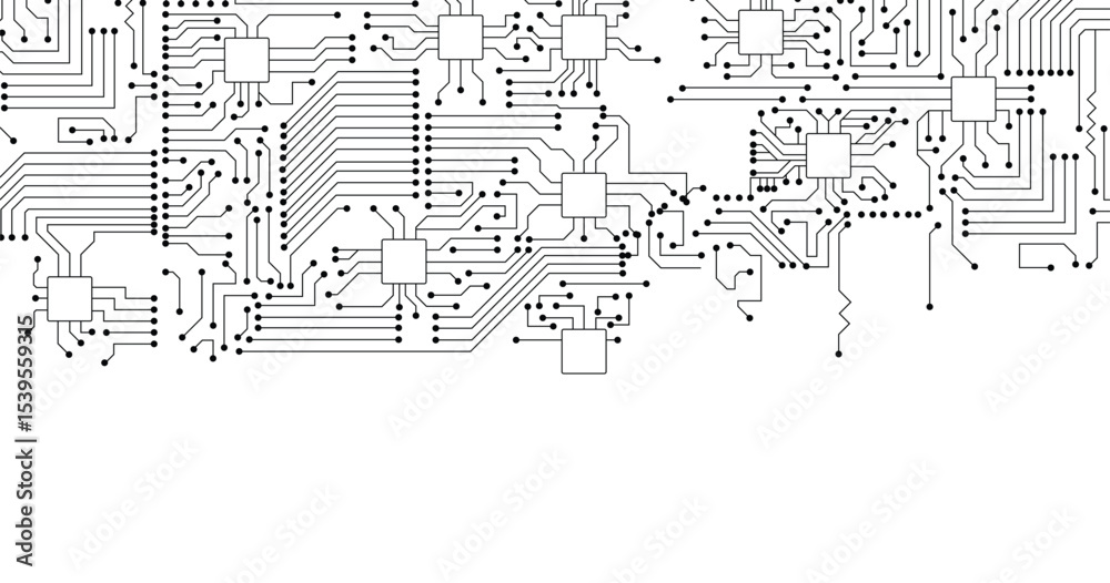Obraz premium Computer motherboard vector background with circuit board electronic elements. Electronic texture for computer technology, engineering concept. Motherboard integrated computing illustration. 