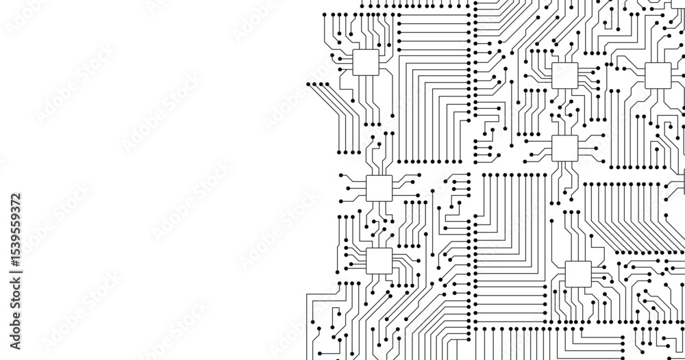 Obraz premium Computer motherboard vector background with circuit board electronic elements. Electronic texture for computer technology, engineering concept. Motherboard integrated computing illustration.