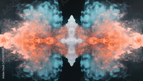 Abstract mirrored smoke patterns in teal, orange, and white on black
