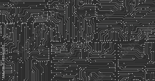 White lines and dots on black background. Circuit board vector design illustration. 