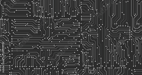 High-tech technology background. Circuit board vector design illustration. White lines and dots on black background.