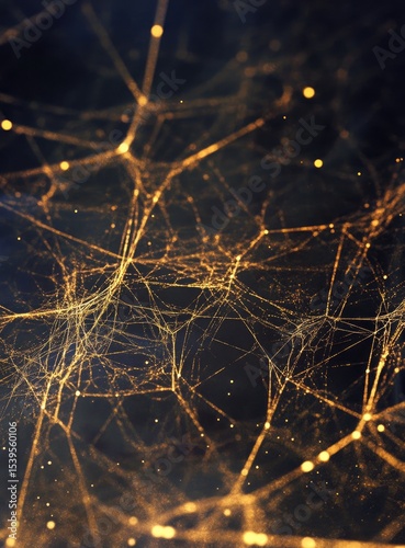 Abstract network of interconnected golden lines and points on a dark background