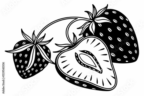 strawberry silhouette , black and white illustration isolated on white background