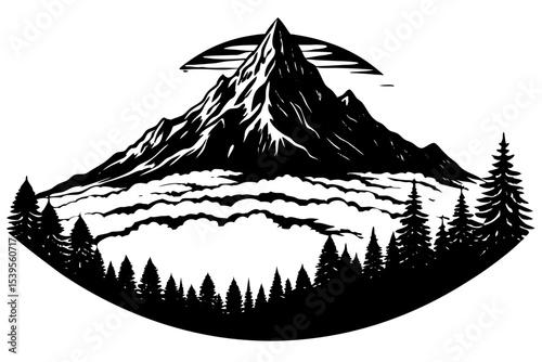 A captivating black and white line art illustration showcasing a majestic mountain range, complete with detailed peaks and ridges, rising above a dense forest.