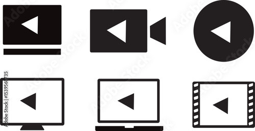 Line style icons of video production. video speaker icon, editing badge, Containing play or start button.Vector isolated on transparent background vector.
