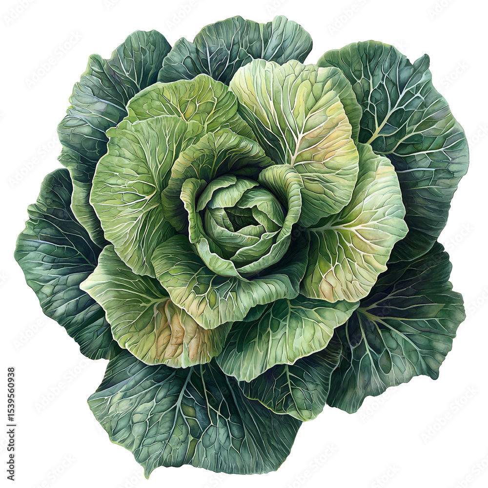 Obraz premium Realistic detailed illustration of a lush green lettuce head with vibrant leaves and intricate veining, isolated on a white background for digital art and botanical study