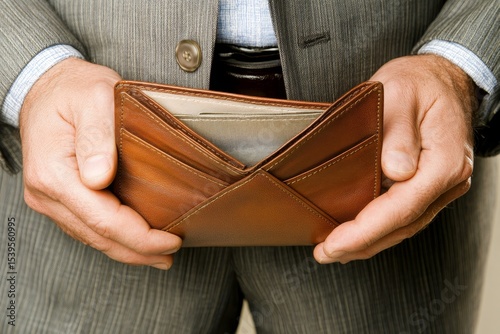 Man opening his empty wallet in frustration, realizing that he cannot pay his mortgage or settle debts., Generative AI
