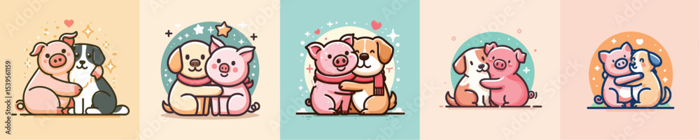 Fototapeta premium image vector pig and dog hugging flat design