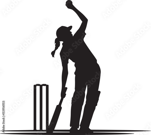 Female Cricket Bowler Silhouette Vector Illustration Ready to Deliver Ball