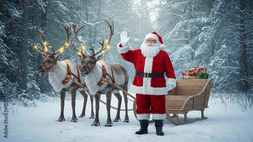 Santa Claus waving hand with a joyful expression in front of a reindeer sleigh in a winter wonderland