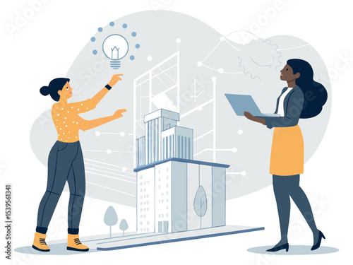 Clean Vector Illustration of AI-Assisted Architect Work  