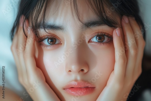 Bored, insomnia Asian young woman touching under her eyes, struggling with dark circles, puffiness, and wrinkles from sleeplessness, Generative AI