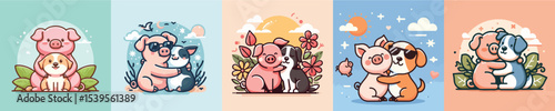image vector pig and dog hugging flat design