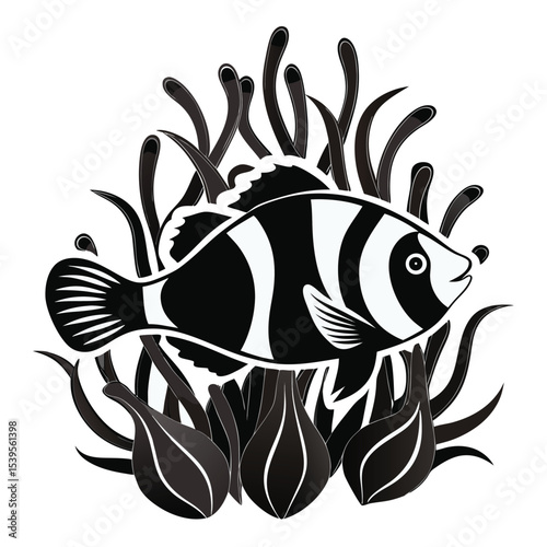 Elegant black silhouette illustration of a clownfish gracefully swimming through flowing seaweed strands (1).eps