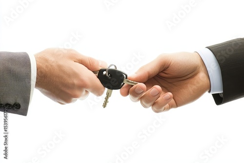 Used car dealer handing over a set of car keys to a client, signaling the completion of a second-hand car purchase., Generative AI